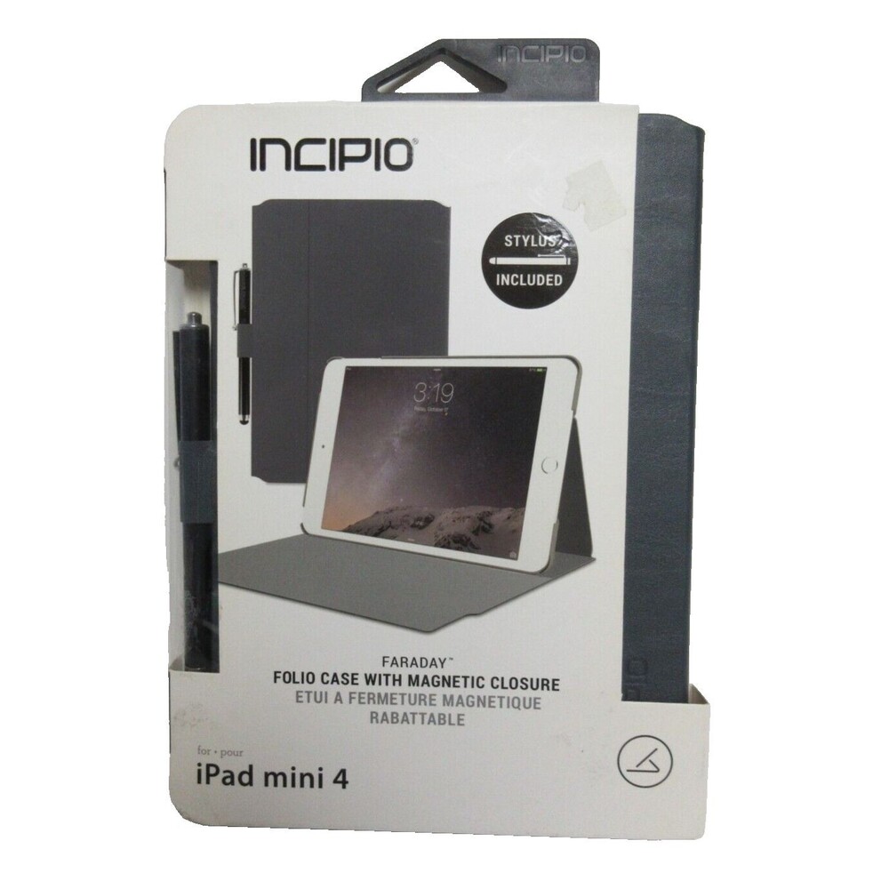 Incipio Faraday Navy Leather Case i pad mini 4 Gray Magnetic Closure W/Stylus